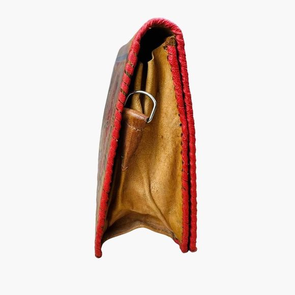 Vintage Hand-tooled Brown Leather Cluth Bag With Tribal Ladies Design - Picture 8 of 11